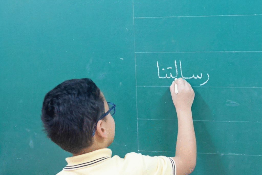 طفل يكتب عبارة رسالتنا بالطباشير على سبورة خضراء في مدرسة تابعة للمبرات | A child writing the phrase 'Our Message' in chalk on a green blackboard at an Al-Mabarrat school