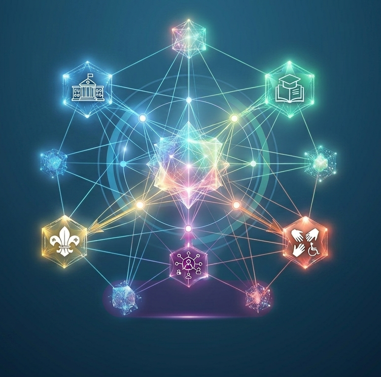 تصميم رسومي لمجموعة أشخاص بدوائر ملونة يرمز للعضوية في جمعية المبرات | A graphic design of people in colored circles symbolizing membership in Al-Mabarrat Association