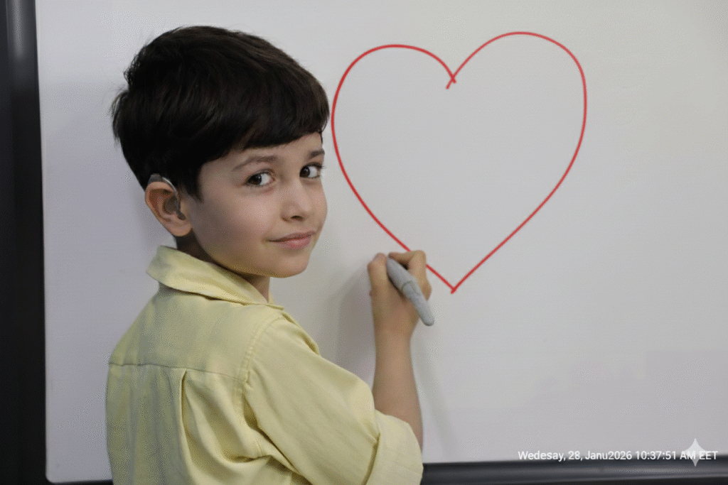 طفل بسماعة أذن وقميص أصفر يرسم قلباً أحمر على اللوح في مبرة الهادي | A child with a hearing aid in a yellow shirt drawing a red heart on the board at Al-Hadi Mabarra
